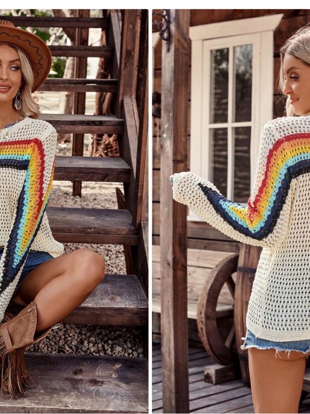 Open Knit Rainbow Stripe Cream Sweater - Women